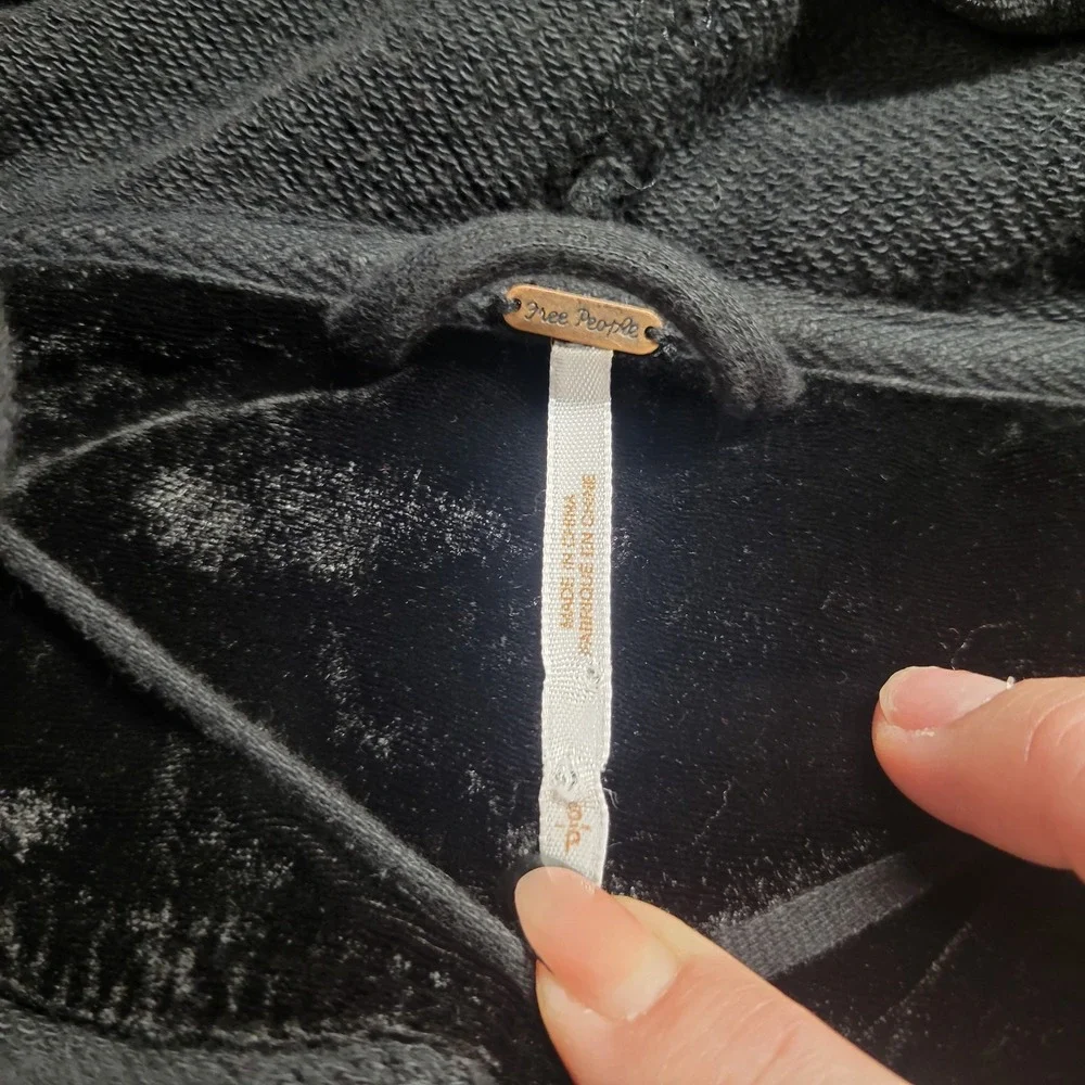 Free People Black Velvet Trim Hooded Cardigan Drawstring Waist Jacket Small‎